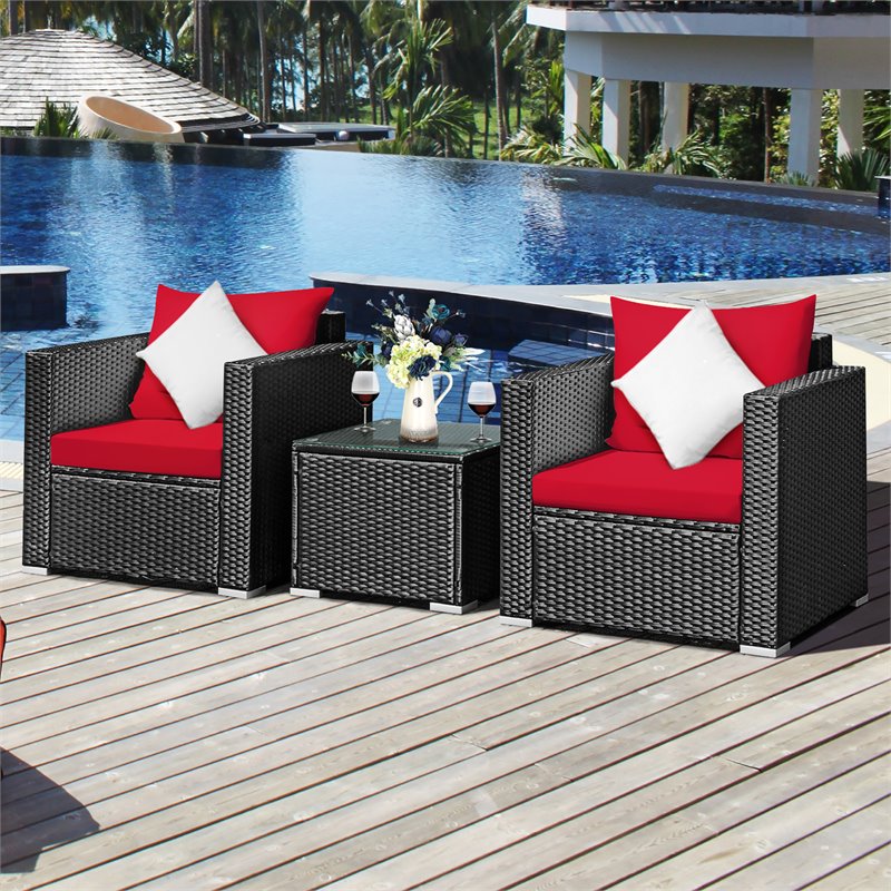 Pemberly Row 3-piece Rattan Patio Wicker Furniture Set with Cushion in Red