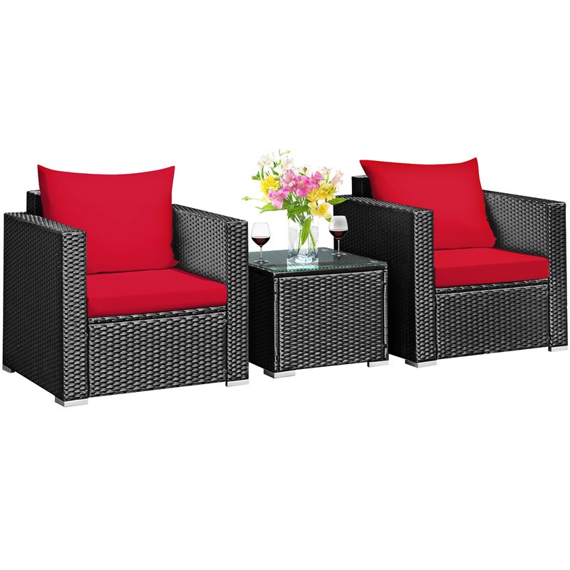Pemberly Row 3-piece Rattan Patio Wicker Furniture Set with Cushion in Red