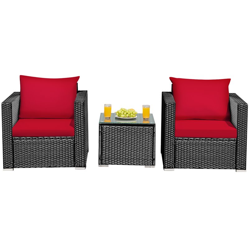 Pemberly Row 3-piece Rattan Patio Wicker Furniture Set with Cushion in Red