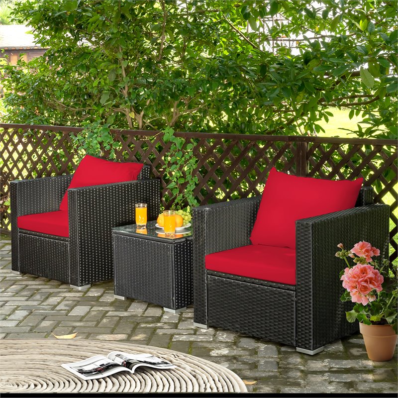 Pemberly Row 3-piece Rattan Patio Wicker Furniture Set with Cushion in Red