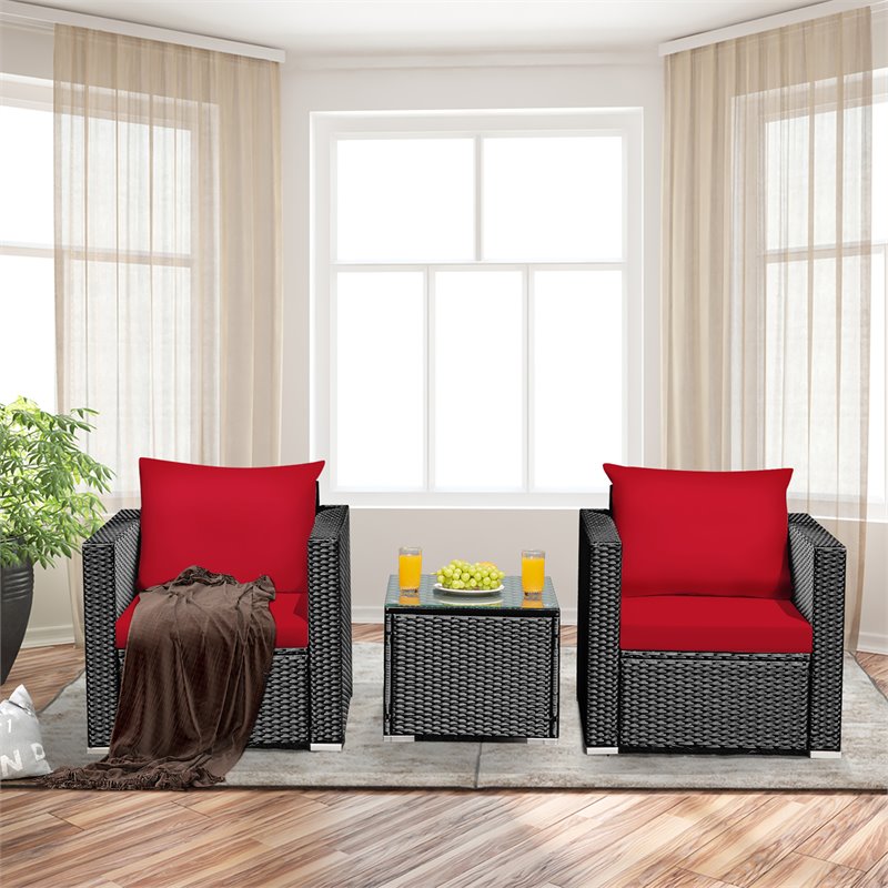Pemberly Row 3-piece Rattan Patio Wicker Furniture Set with Cushion in Red