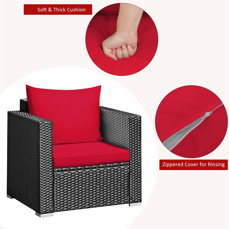 Pemberly Row 3-piece Rattan Patio Wicker Furniture Set with Cushion in Red