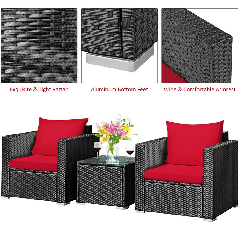 Pemberly Row 3-piece Rattan Patio Wicker Furniture Set with Cushion in Red