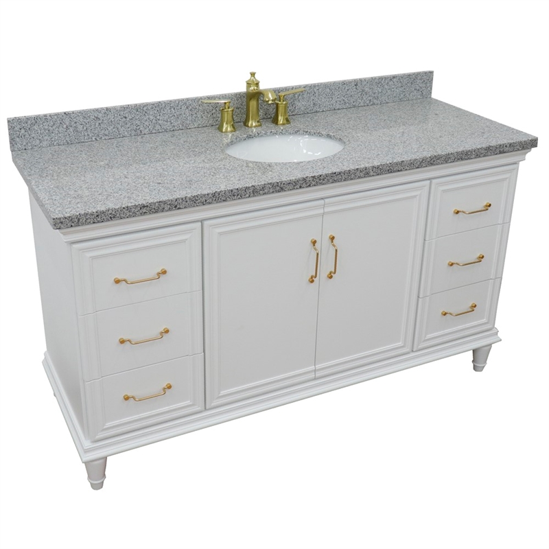 Pemberly Row 61 in. Single Wooden Vanity White with Gray Granite Oval Sink