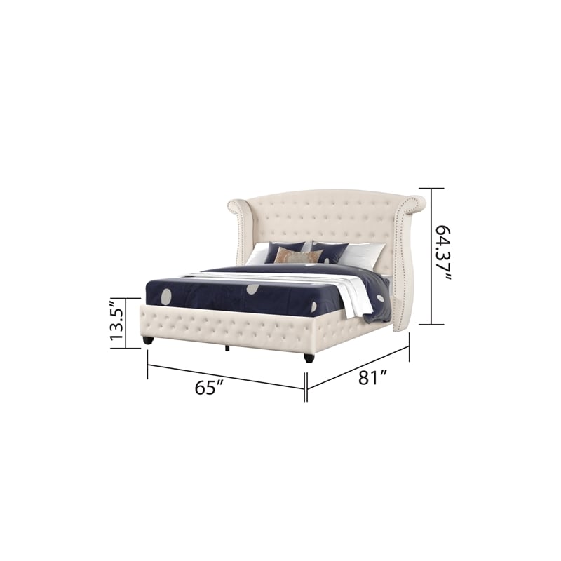 Pemberly Row Crystal Tufted Modern Queen Bed made with Wood in Cream