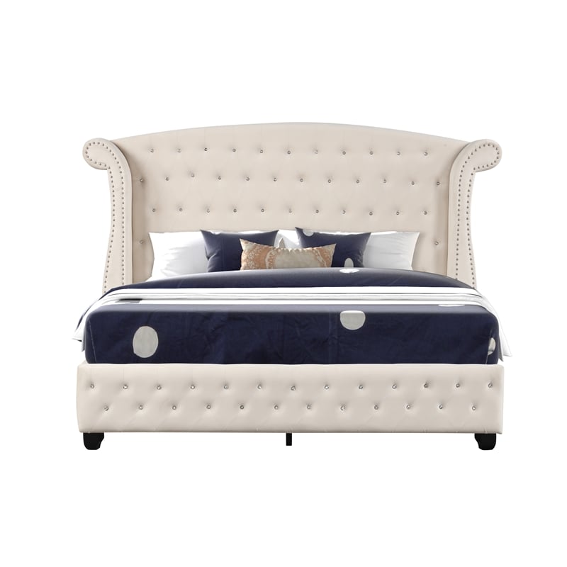 Pemberly Row Crystal Tufted Modern Queen Bed made with Wood in Cream