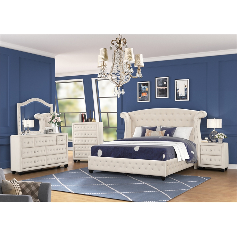 Pemberly Row Crystal Tufted Modern Queen Bed made with Wood in Cream