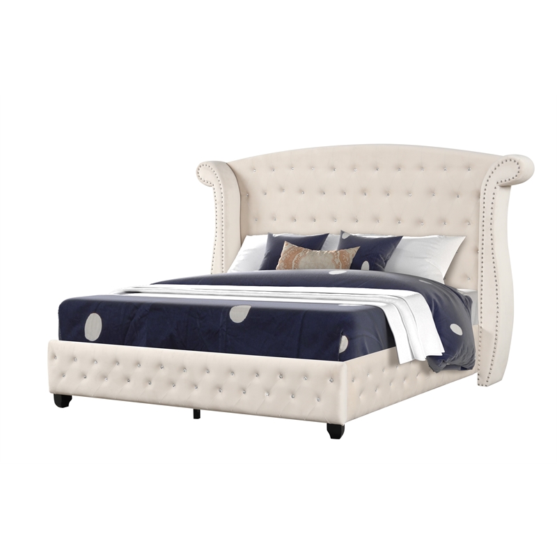 Pemberly Row Crystal Tufted Modern Queen Bed made with Wood in Cream