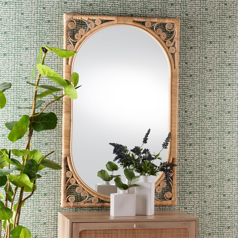 Pemberley Row Natural Rattan Brown Wall Mirror Rectangular Fully Assembled 29.5