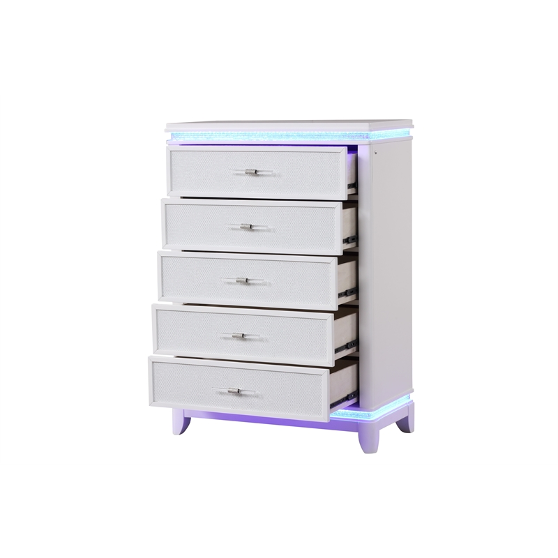 Pemberly Row Modern 5-Drawer Chest Made with Wood and LED in Milky White