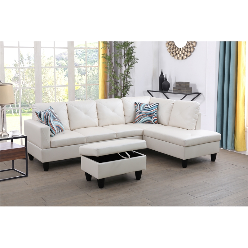 Pemberly Row L Shaped White Couch with Ottoman(Pillows Included) Microfiber