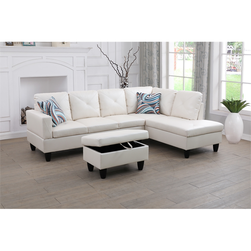 Pemberly Row L Shaped White Couch with Ottoman(Pillows Included) Microfiber