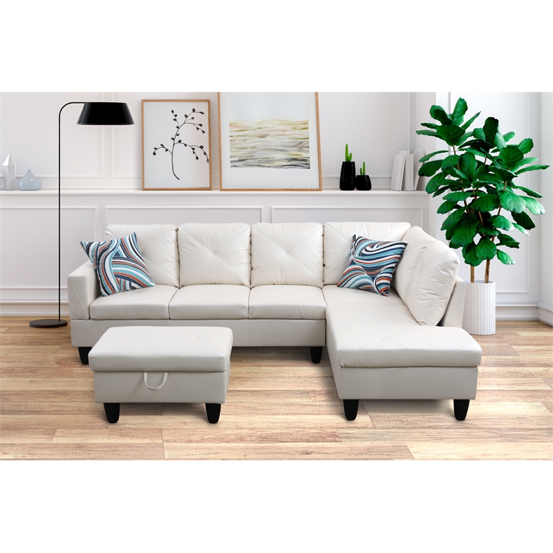 Pemberly Row L Shaped White Couch with Ottoman(Pillows Included) Microfiber