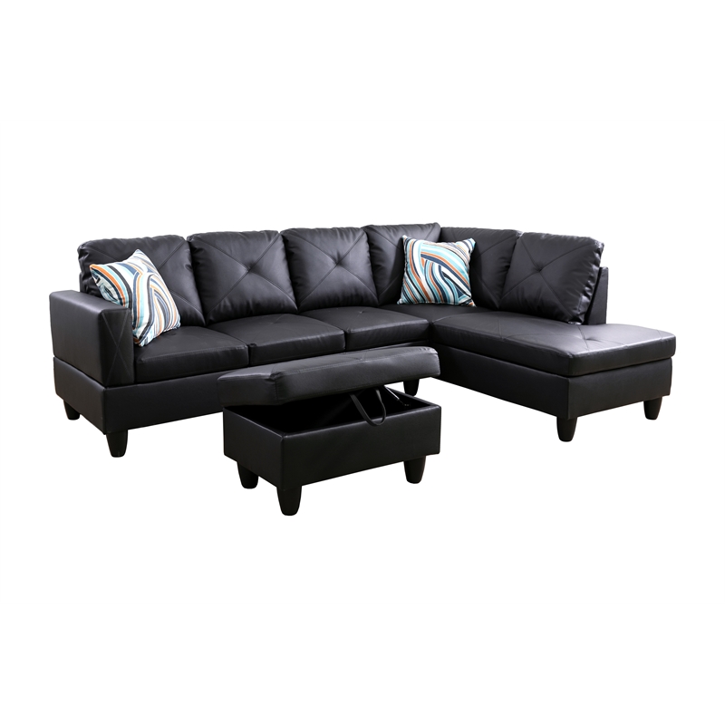 Pemberly Row L Shaped Black Couch with Ottoman(Pillows Included) Microfiber
