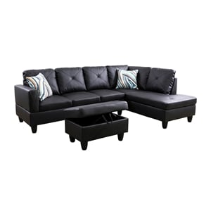 Pemberly Row L Shaped Black Couch with Ottoman(Pillows Included) Microfiber