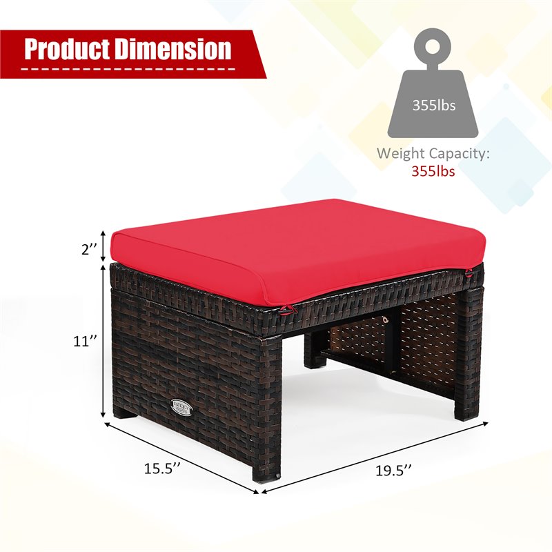 Pemberly Row Patio Rattan Ottomans/Footrests in Red Cushioned Seat (Set of 2)