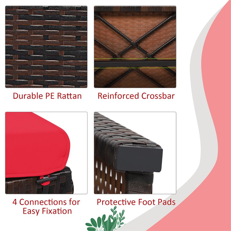 Pemberly Row Patio Rattan Ottomans/Footrests in Red Cushioned Seat (Set of 2)