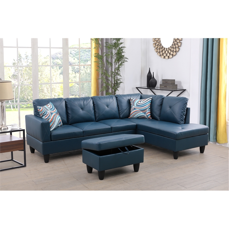 Pemberly Row L Shaped Denim Couch w/ Storage Ottoman(Pillows Included)