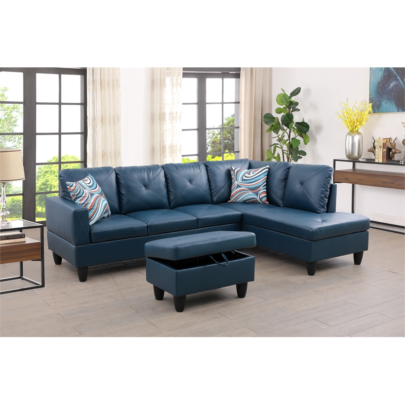 Pemberly Row L Shaped Denim Couch w/ Storage Ottoman(Pillows Included)