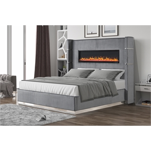 Pemberly Row Upholstery Wooden King Bed w/ Ambient lighting-Gray Velvet Finish