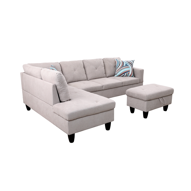 Pemberly Row L Shaped Gray Couch w/ Storage Ottoman(Pillows Included) Microfiber