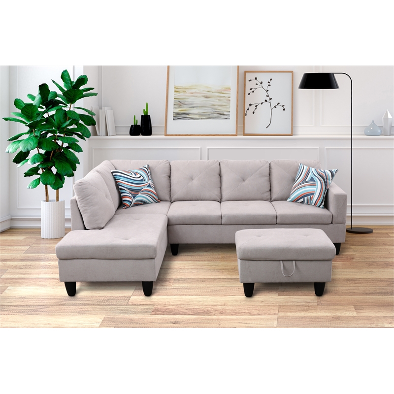 Pemberly Row L Shaped Gray Couch w/ Storage Ottoman(Pillows Included) Microfiber