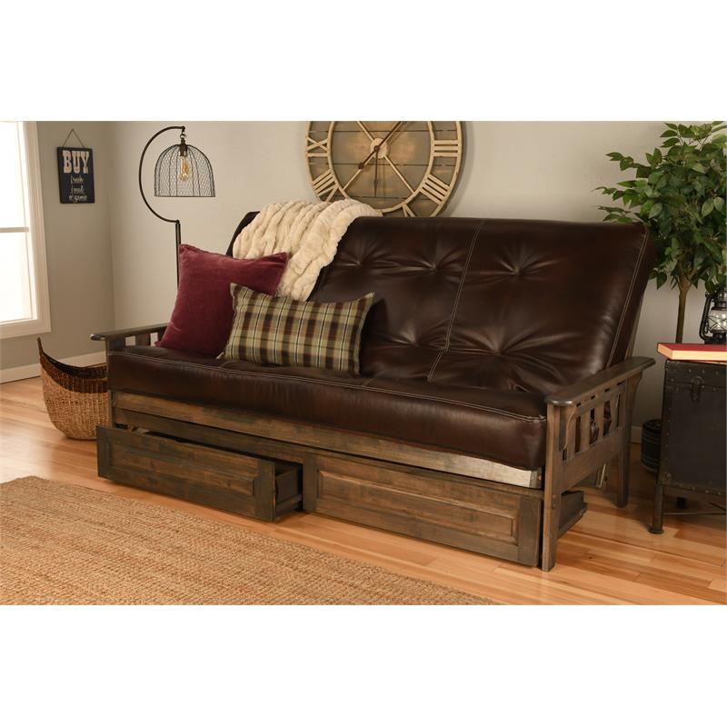 Pemberly Row Rustic Walnut Brown Queen Wood Futon Frame with Storage Drawers
