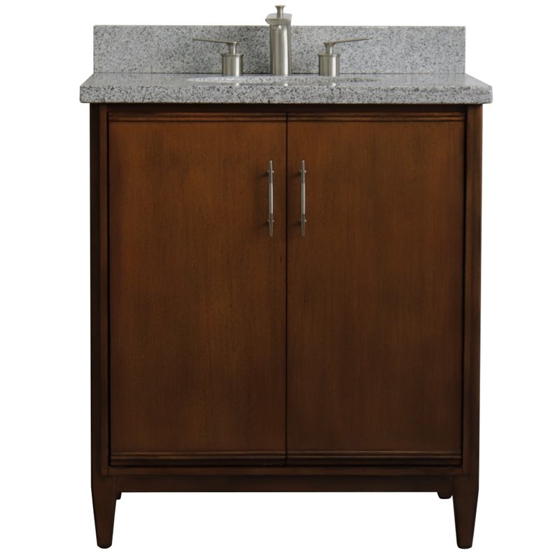 Pemberly Row Single Oval Sink Solid Wood Vanity in Walnut/Gray Granite Stone