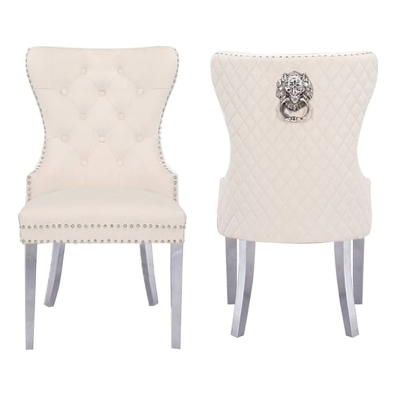 Pemberly Row Stainless Steel 2 Piece Chair Finish with Velvet Fabric in Beige