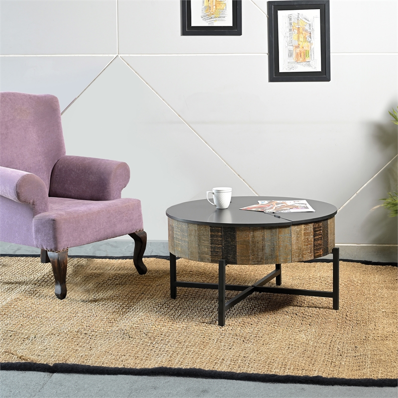 Pemberley Row Mango Wood Rustic Vintage Coffee Table Round Hidden Storage