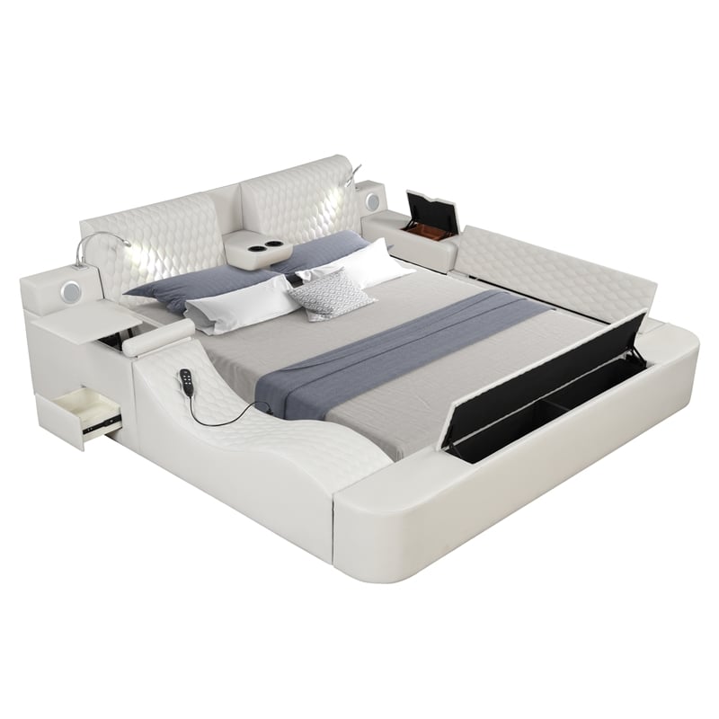 Pemberly Row Smart Multifunctional King Size Massage Bed Made with Wood in Ice
