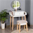 Pemberly Row MDF Vanity Makeup Dressing Set with Round Mirror in White/Natural