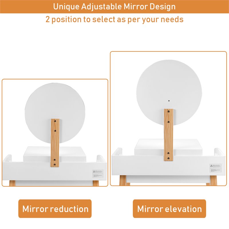 Pemberly Row MDF Vanity Makeup Dressing Set with Round Mirror in White/Natural