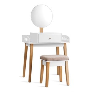 Pemberly Row MDF Vanity Makeup Dressing Set with Round Mirror in White/Natural
