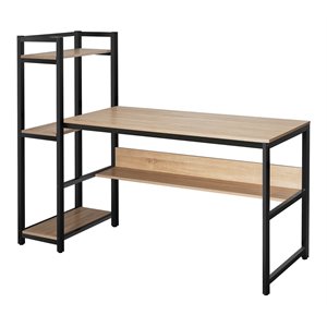 Pemberly Row Wood Multifunction Computer Desk w/ 4-tier Storage shelves-Natural
