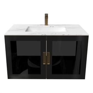 Pemberly Row Wall Mounted Blue Vanity Set w/ White Porcelain Top-Gold Handles