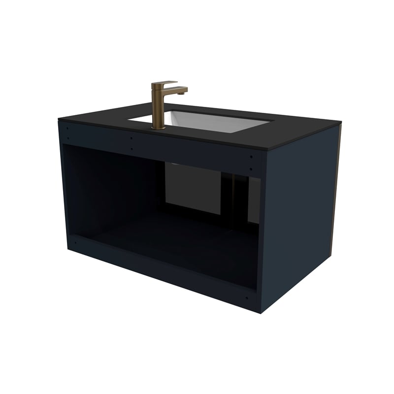 Pemberly Row Wall Mounted Blue Vanity Set w/ Black Porcelain Top-Gold Handles