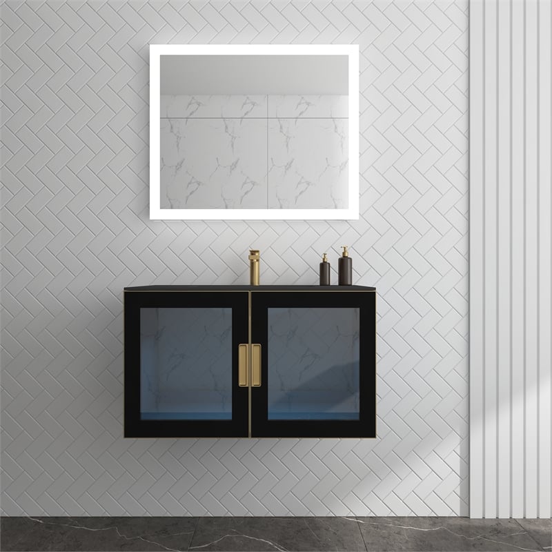 Pemberly Row Wall Mounted Blue Vanity Set w/ Black Porcelain Top-Gold Handles