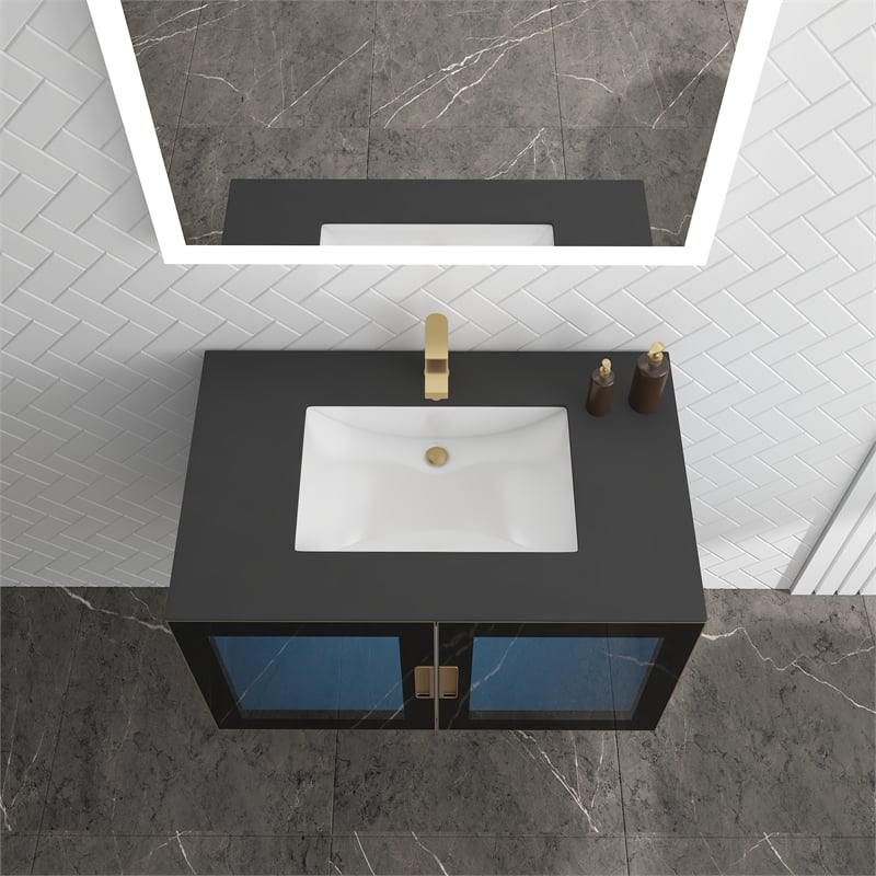 Pemberly Row Wall Mounted Blue Vanity Set w/ Black Porcelain Top-Gold Handles