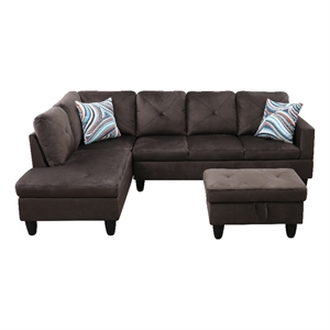 Pemberly Row L Shaped Chocolate Couch with Ottoman(Pillows Included) Microfiber