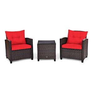 Pemberly Row 3-piece Rattan Patio Furniture Set with Back & Seat Cushion in Red