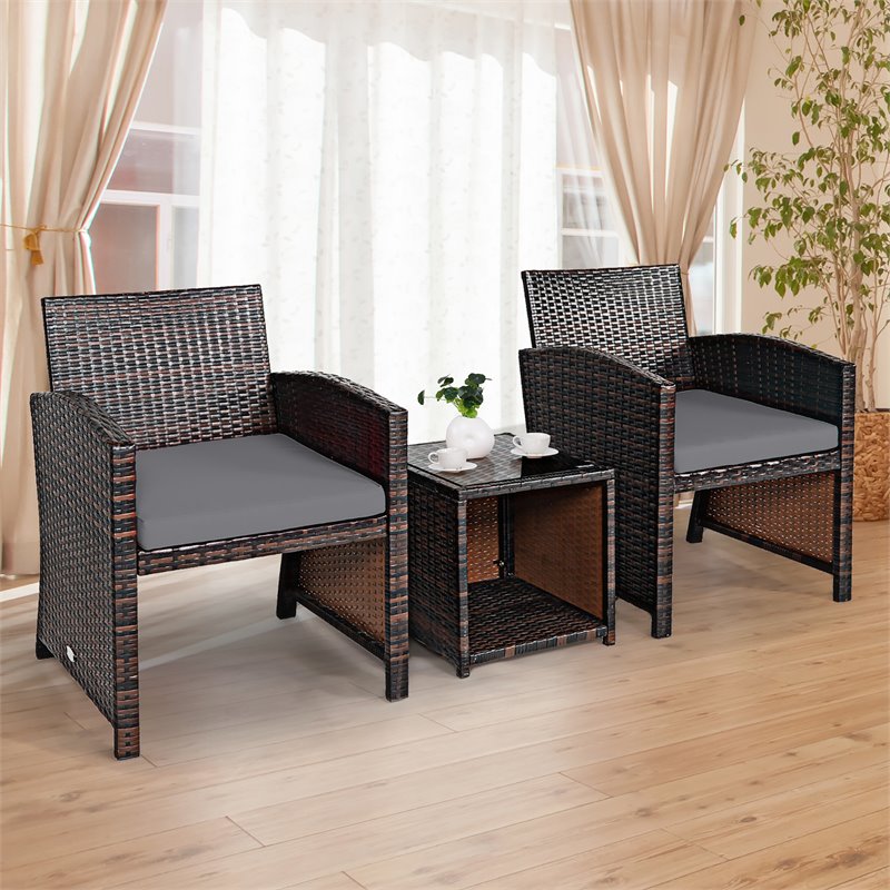 Pemberly Row 3-piece Patio Rattan/Wicker Sofas and Coffee Table in Gray Cushion