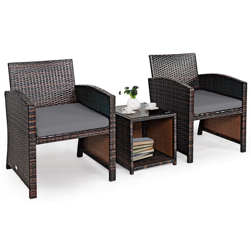Pemberly Row 3-piece Patio Rattan/Wicker Sofas and Coffee Table in Gray Cushion
