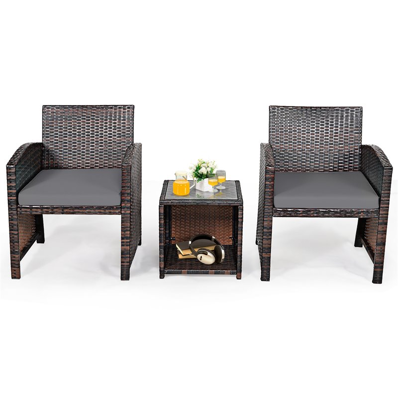 Pemberly Row 3-piece Patio Rattan/Wicker Sofas and Coffee Table in Gray Cushion