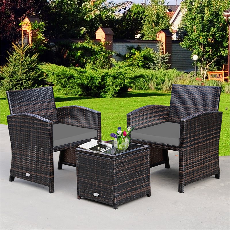 Pemberly Row 3-piece Patio Rattan/Wicker Sofas and Coffee Table in Gray Cushion