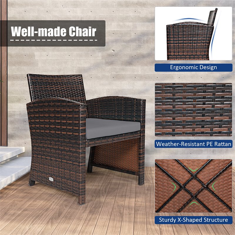 Pemberly Row 3-piece Patio Rattan/Wicker Sofas and Coffee Table in Gray Cushion