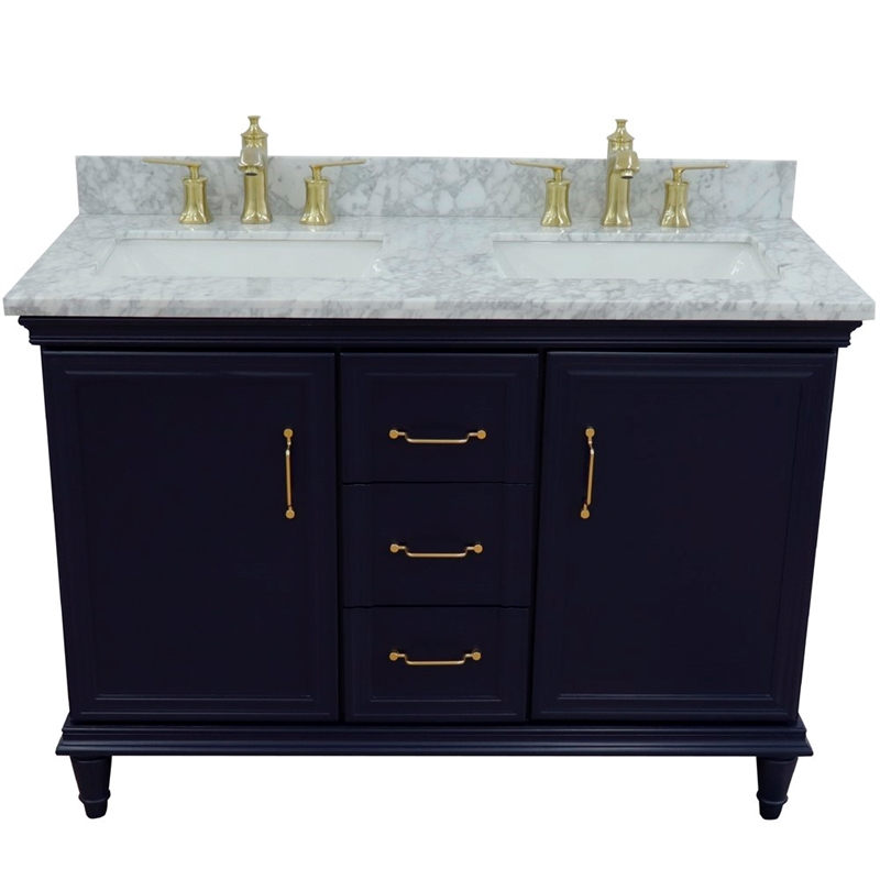 Pemberly Row 49 in. Double Wooden Vanity Blue with White Carrara Rectangle Sink