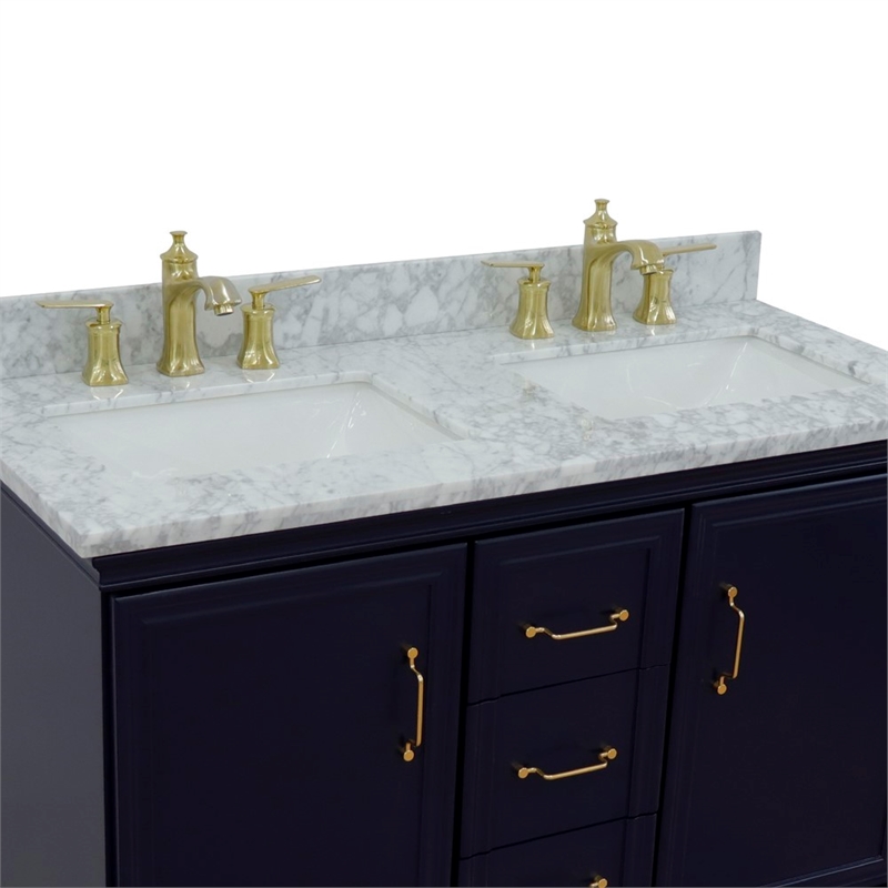 Pemberly Row 49 in. Double Wooden Vanity Blue with White Carrara Rectangle Sink