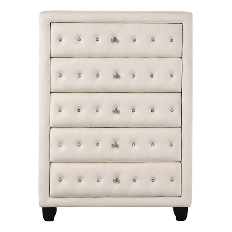 Pemberly Row Crystal Tufted 5PC Vanity Queen Bedroom Set in Cream made with Wood