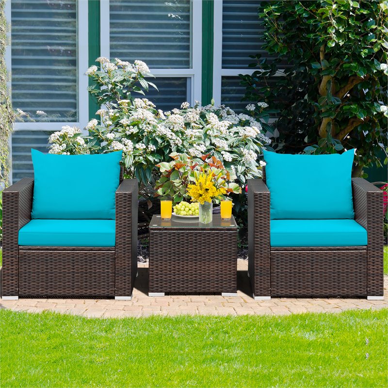 Pemberly Row 3Pcs Contemporary Rattan Patio Furniture Set w/ Cushions-Turquoise